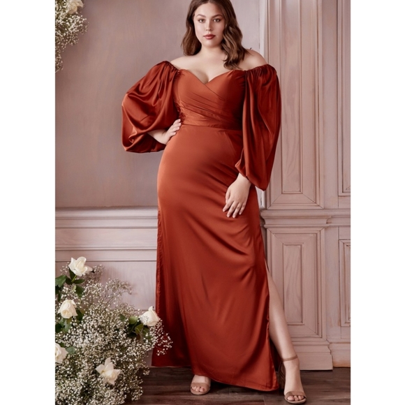 Sage Long Sleeve Off The Shoulder Soft Satin Fitted Dress - Picture 10 of 14